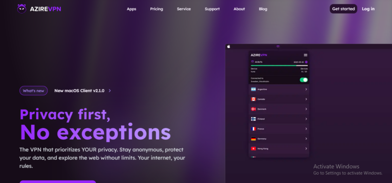 Azire VPN homepage