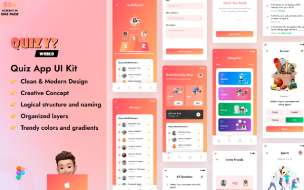 Quizy World – Quiz Mobile App Figma UI Kit free