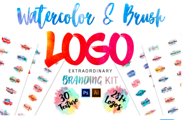 Watercolor and brush logos Branding Kit free